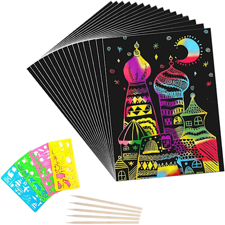 Kradse billeder til børn, 50 ark regnbue-kradsepapir til håndværk med stencils