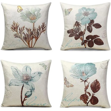 Pakke med 4 pudebetræk 45 x 45 cm, dekorative blomstrede linnedpuder