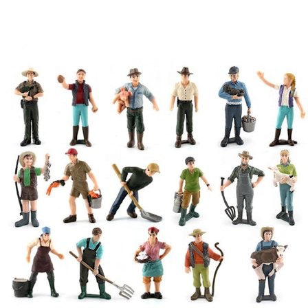 17 små bondefigurer, plastfigurer for gårdsbruk
