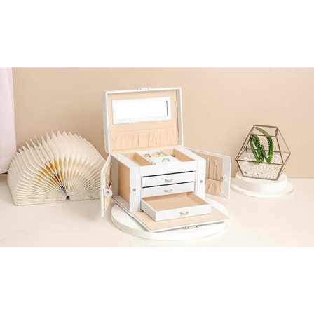 PU Leather Huge Jewelry Box Mirror Clock Storage Box Gift Box(White)