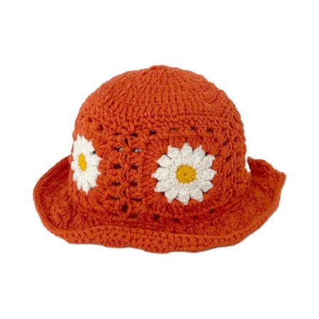 Heklet blomsterbøttehatt for kvinner, pustende flerfarget vevd bredbremmet bøttehatt for voksne tenåringer sommer fiskerhatt oransje