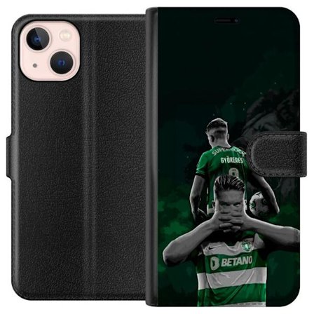 Kompatibel Tegnebogsetui til Apple iPhone 13 mini Neonmotiv med teksten "Gaming er i mit DNA" på en blå og rød murvæg med en lysende DNA-spiral.