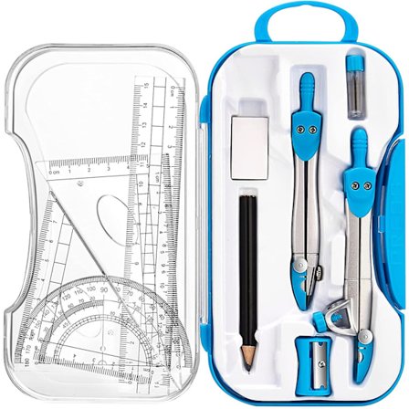 10 stykker geometri matematik forsyninger kit inklusive passer, vinkelmåler, lineal, viskelæder, blyant, blyantsrefill, blyantspidser, opbevaringsboks