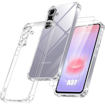 Cover + 2 Beskyttelsesglas til Samsung Galaxy A37 5G, Stødabsorberende Silikone med Forstærkede Hjørner Gennemsigtig