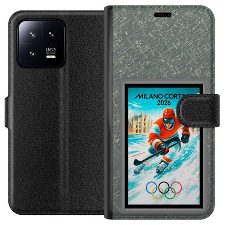 Yhteensopiva Lompakkokotelo Xiaomi 13 Curlingkuvitus pelaajilla ja kivillä jäällä, Milano Cortina 2026, lumisia roiskeita ja olympiasormukset