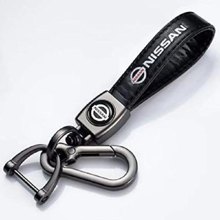 Lær nøkkelring med bilmerkelogo, fjærspenne og ring, kompatibel NISSAN