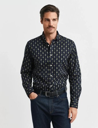 GANT Reg Paisley Printed Twill Shirt - Navy - XL