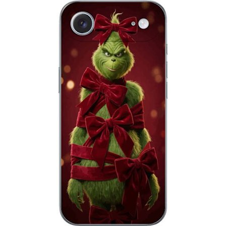 Yhteensopiva Puhelinkuori Apple Apple iPhone 17 Air Grinchi-hahmo koristeltu punaisilla samettinauhoilla juhlavassa studiossa, leikkisällä ja humori