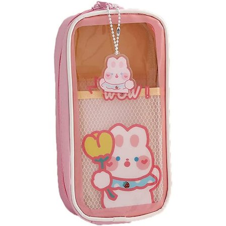 Pink Flower Rabbit Kawaii Stor Kapacitet Blyantsæske, Transparen