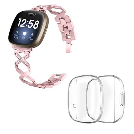Fitbit Sense / Versa 3 X-formad klockrem med strassdekor och genomskinligt skydd - Rosa Ros