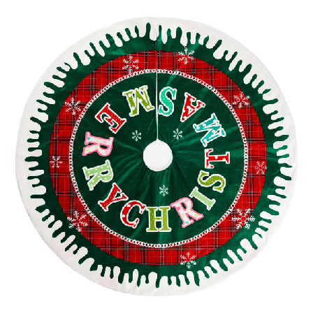 Juletrærøkke med snøflak, rød og grønn trykking, engelske bokstaver, trehylle, kreativ dekorasjon til bunnen av treet, atmosfæriske forsyninger