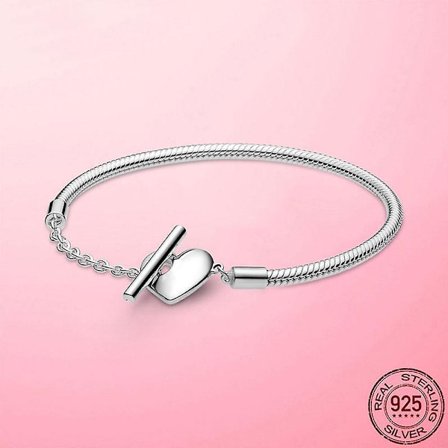 925 Sterling Silver Heart Snake Chain Armband