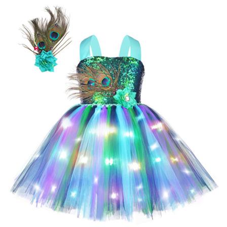 Flickor Påfågel Kostym Set Led Light Up Peacock Tutu Klänning XL