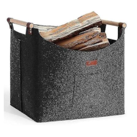 Stor vedkurv for peis med trehåndtak - filtkurv for ved, shopping og magasiner Mørkegrå A