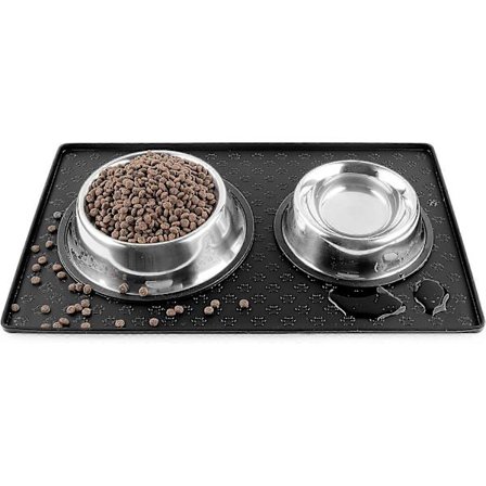 1 stk. Foderskål til kæledyr til hunde, katte, kaniner, skridsikkert greb til trægulve eller tæpper, vandtæt silikonemåtte, sort