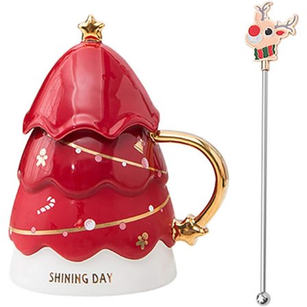 Keramisk kaffemugg med lock, julgran tekopp med stål S