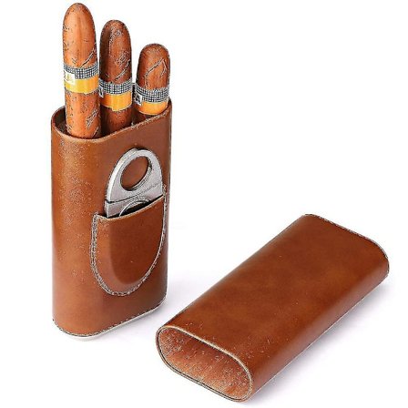3-fingret læder cigar etui, brun cedertræ foret humidor