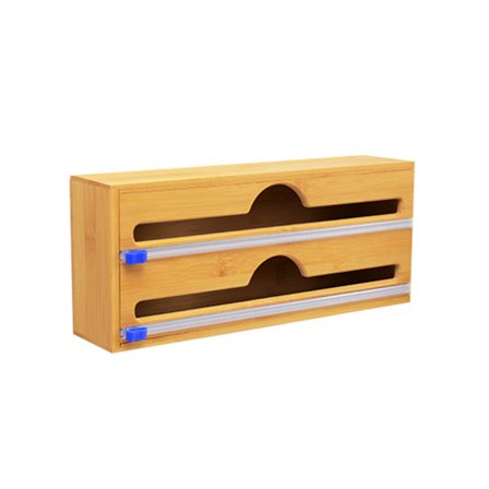 Dobbelt Gitter Bambus Træ Skuffe Folie Dispenser Køkken Film Papirskærer