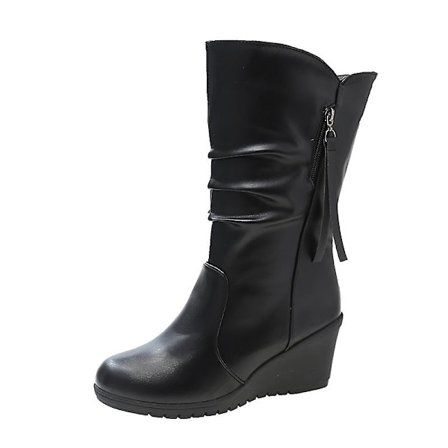 Naisten mustat puolipohkeenkorkuiset saappaat vetoketjulla, monipuoliset, mukavat ja pehmeät naisten vapaa-ajan kengät, musta samettivuori