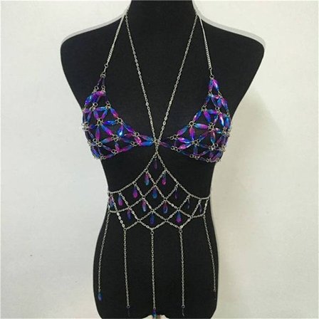 Rhinestones Body Chain Suit Silver Heart Underwear Bikini Br