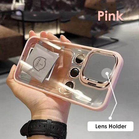 Metall Linsskyddsring Ställ Telefonfodral Kompatibelt med IPhone 15 12 13 14Pro Max 11 Kameraglasskydd Transparent Stöttåligt Skal Rosa[CO]