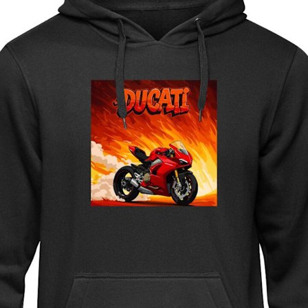 Børne hoodie Ducati Fire Ride med rød sportsmotorcykel mod flammende baggrund, hurtigt og adrenalinfyldt motiv for motorfans