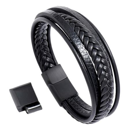 Flettet lær armbånd for menn Sort