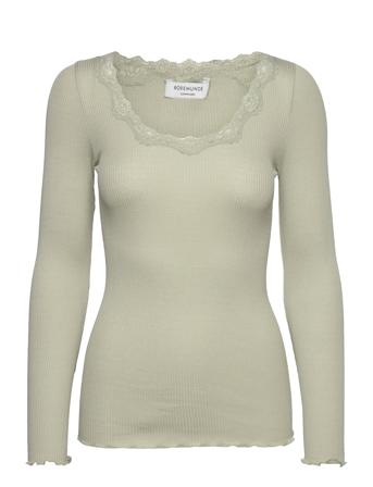 Silk T-Shirt W/ Lace T-shirts & Tops Long-sleeved Kakigrønn Rosemunde*Betinget Tilbud