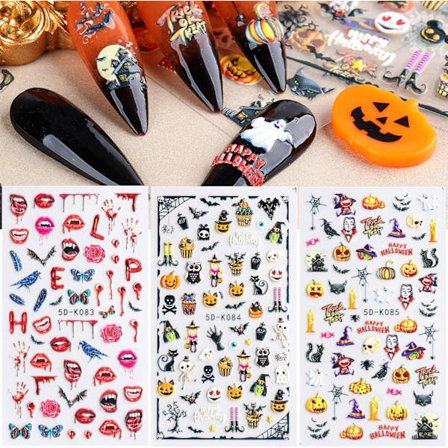 Halloween Nail Art klistermärken, 5D-graverad skallepumpahuvudfladdermushäxa