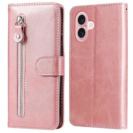 Fodral til Compatible with iPhone 16 med glidelåslomme, lommebok, støtsikkert PU-lær telefondeksel - Rosa