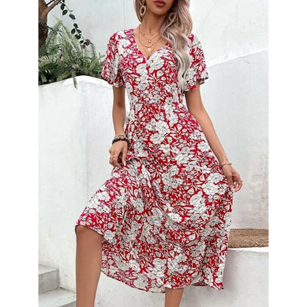 Sommarklänning Kvinnor 2023 Mode Blommönster Print ång Viskos Klänning Casual Hemma Fest Kontorsklänningar