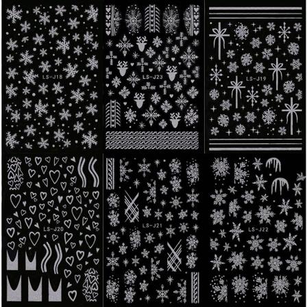 6 ark med jule-neglekunst-klistremerker, selvklebende, hvite stjerner, snøflak, neglekunst-tilbehør (kun klistremerker) 6pc