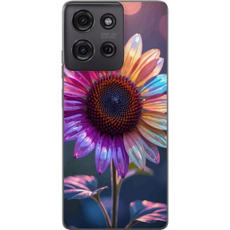 Kompatibelt Mobildeksel til Motorola Moto G75 Irideserende blomst med glitrende kronblad i rosa lilla og gull mot myk bokeh bakgrunn