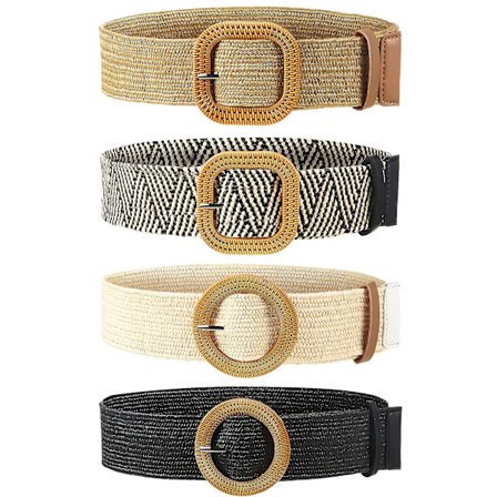 4-pak Straw Vævet Elastisk Stræk Talje Bælte Kvinder Slank Kjole Bælte Træ Spænde Talje