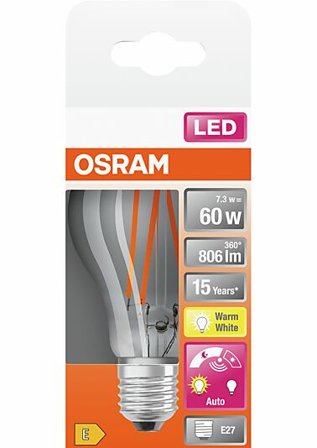OSRAM LED lyspære Classic A60 7,3W 2700K daylight sensor klar E27