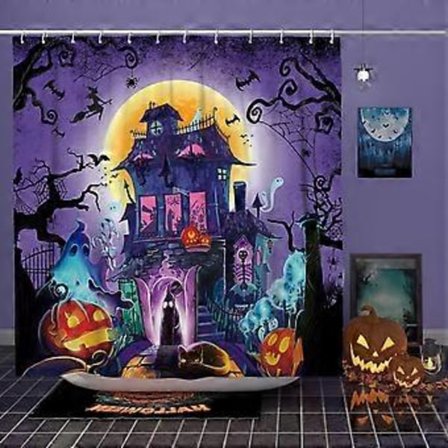 Läskig Halloween Duschdraperi Set Vattentätt Tyg - 72" x 72", Spöklikt Slott Halloween Dekoration, Skräck Halloween Badrum Hem