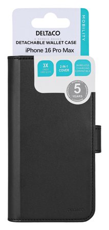 Deltaco Wallet case, 2-in-1, iPhone 16 Pro Max, magnetic cover,black