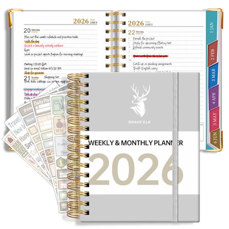 2026 Årsplanerare, Vecko- och Månadsplaner, A5-storlek, 12 Månader Etikett Grå