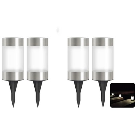 Liten solcellsdriven cylindrisk lampa med markspett, 4 LED trädgårdslampa, superljus