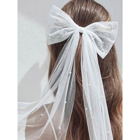 Brudeslør med perler og sløyfe i håret, langt tyllhår, slør, slør til utdrikningslag, dekorasjon til utdrikningslag, brudekrone, hårtilbehør til 