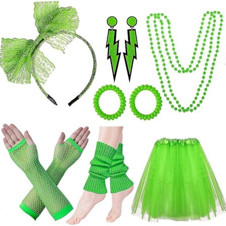 80'er kostumer kompatible med kvinder, 80'er tilbehørssæt med fiskenethandsker benvarmere, tutu nederdele kompatible med 1980'er tema fest outfits