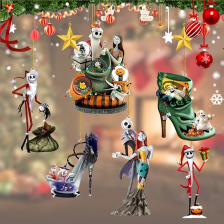 Jack Skellington Akryl Hængepynt Sæt med 6, Julekugler til Halloween og Jul, Nightmare Before Christmas Tema (FMY)