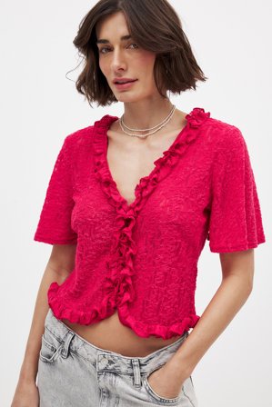 NA-KD - Topp med korte ermer og volanger - T-shirts og topper - Rød - XS