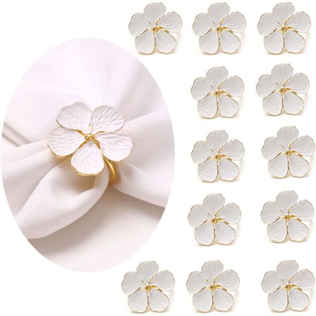 (Hvit) Serviettring, Hvit Blomsterserviettring Sett med 12 Jule-servietter og Serviett-holder Allsidig Bryllupsserviettring Bord-serviettring