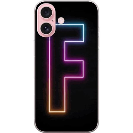 Yhteensopiva Puhelinkuori Apple Apple iPhone 16 Neonkirjain F vaaleanpunaisella, sinisellä ja keltaisella valokehyksillä tummaa taustaa vasten, graa