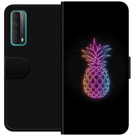 Yhteensopiva Lompakkokotelo Huawei Huawei P smart 2021 Neonkuvitus ananaksesta värikkäässä valossa mustaa taustaa vasten