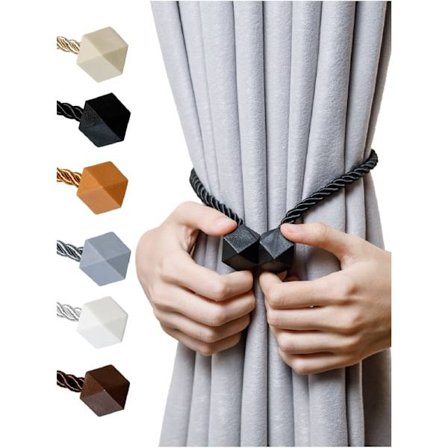 Magnetiske gardinholdere - 2022 Oppgradert versjon, med tykkere tvunnet tau og sterke magnetfester for vindusbehandlinger (Svart, 2 stk)