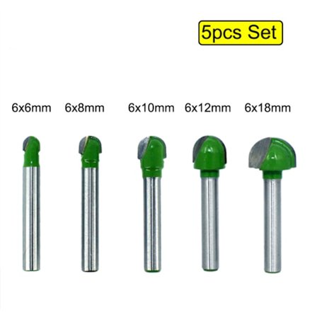 Rund bund træfræserbit, 5 stk. 6 mm skaft 6/8/10/12/18 mm til R