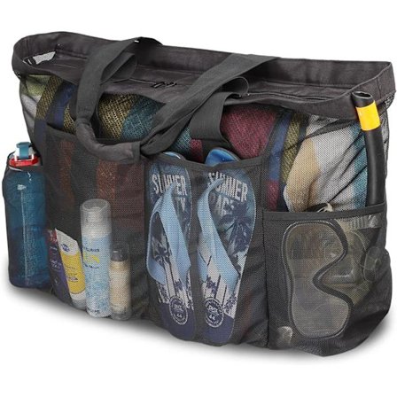 Oversized strandveske, XL mesh-tote med glidelås og lommer, perfekt for familieturer til stranden SVART