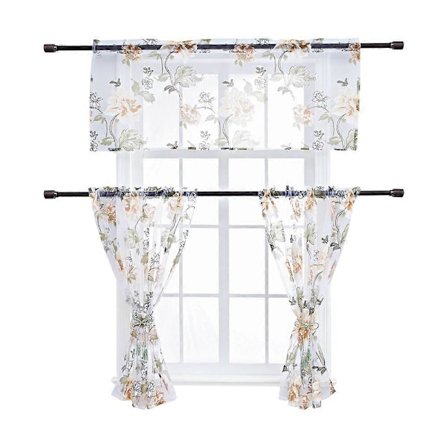 3 Deler Blomstertrykte Kjøkkengardiner Transparent Voile Bondegård Stanglomme Kappe og Gardiner Sett (Gul2)